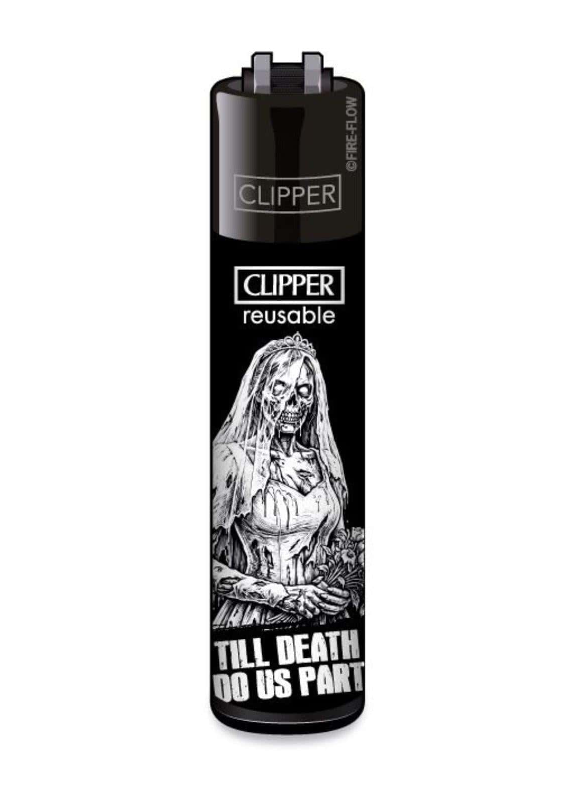 Schwarzes wiederbefüllbares clipper feuerzeug mit gothic zombie braut illustration und till death do us part schriftzug